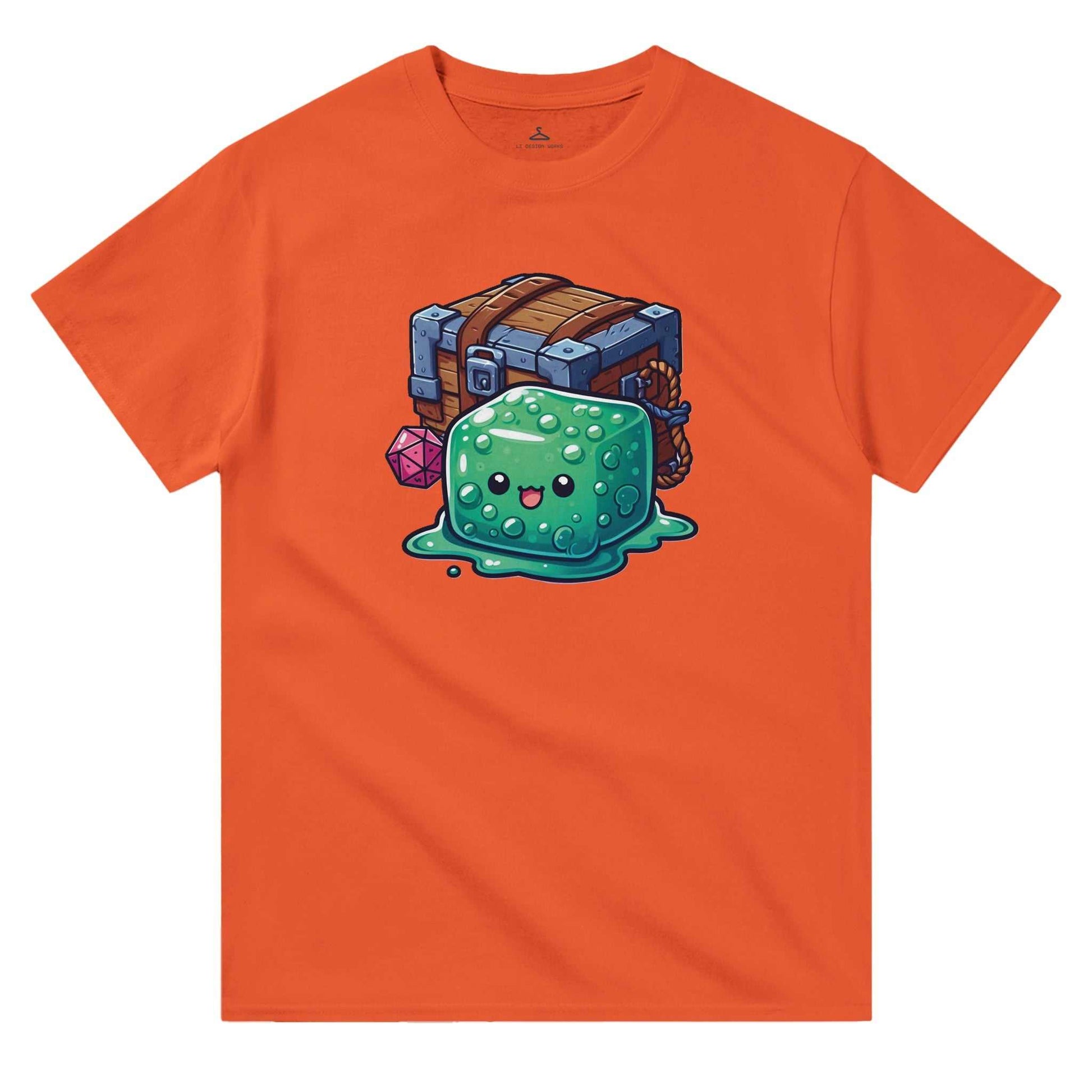 Gelatinous Cube and Mimic design on women's orange crewneck t-shirt.