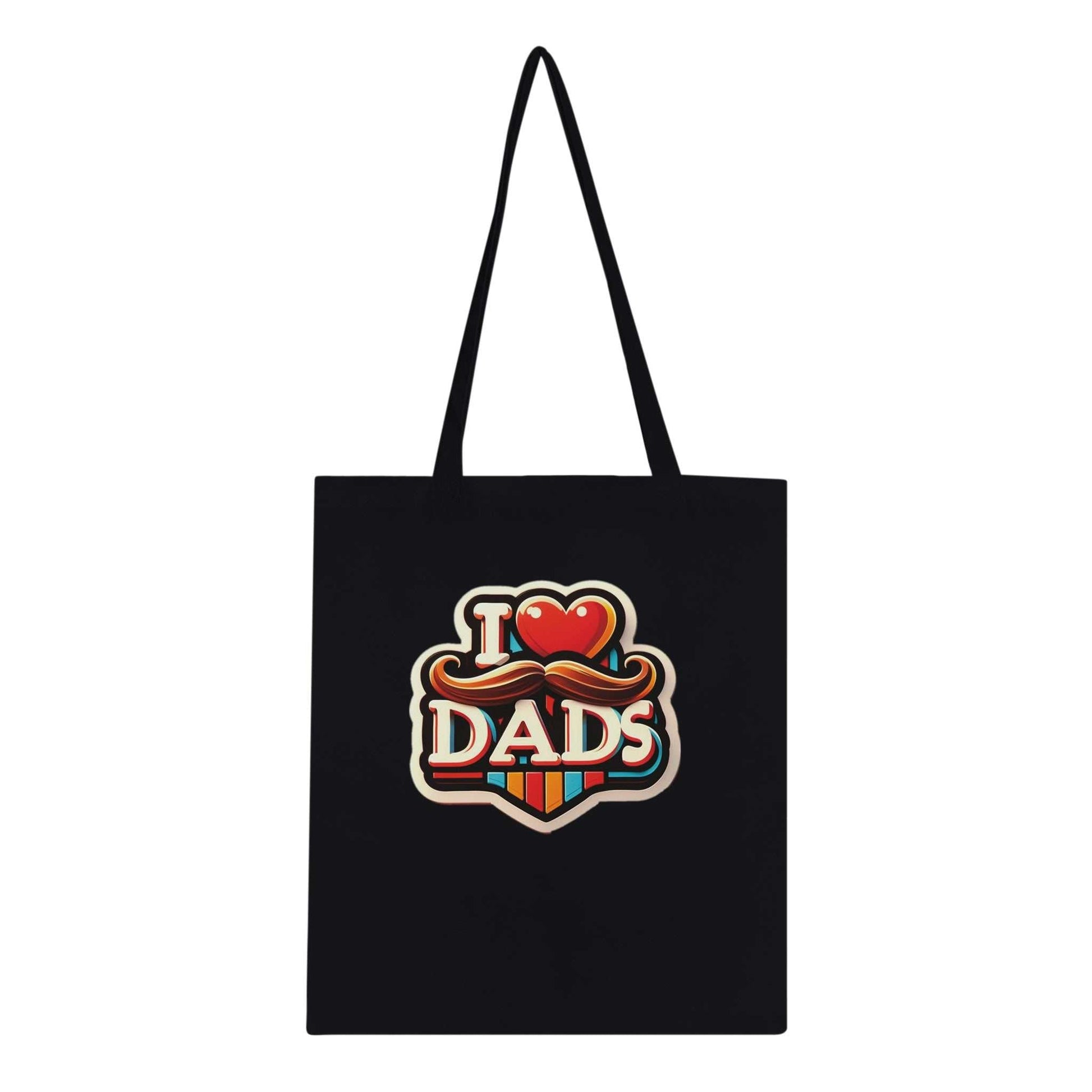 Black tote bag with "I love Dad's" design, featuring long handles and made from 100% cotton fabric.