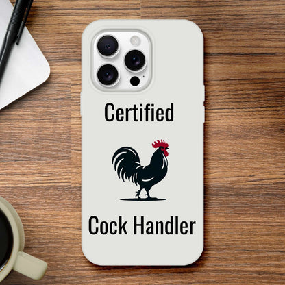 Certified Cock Handler iPhone Flexi Case with rooster design on wooden surface