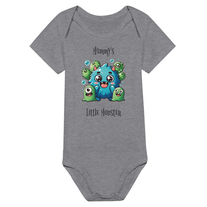 Monster Classic Baby Short Sleeve Bodysuit with cartoon graphic and "Mummy's Little Monster" text, gray color.