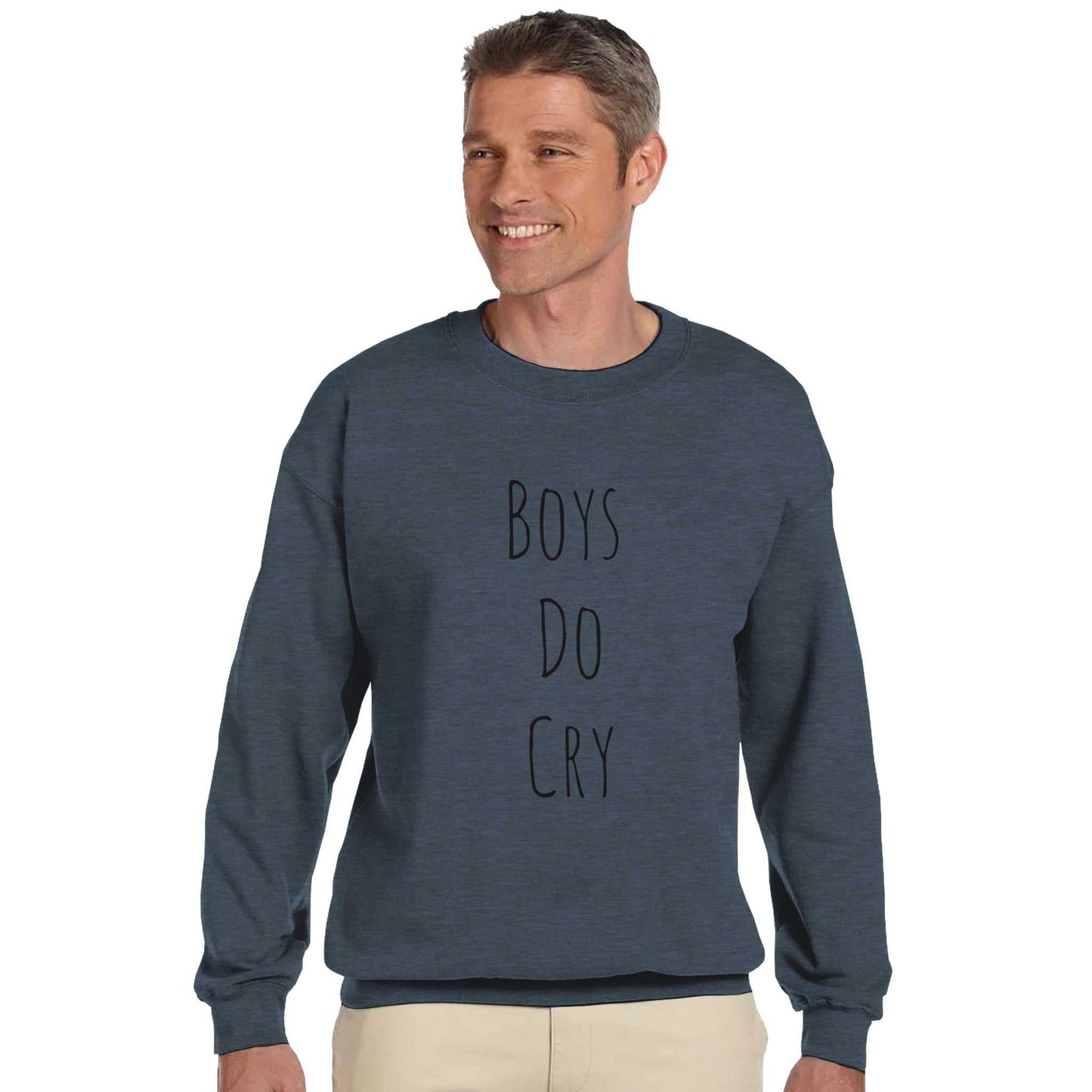 Boys do Cry printed classic crewneck sweatshirt in navy, modeled by a man, blend of cotton and polyester.