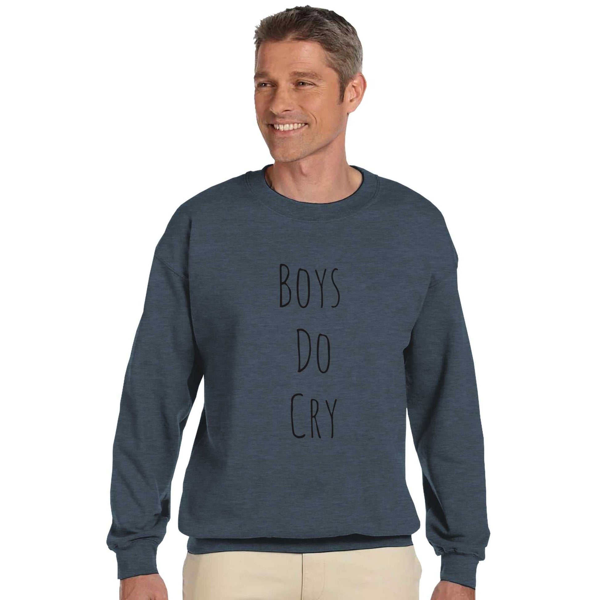 Boys do Cry printed classic crewneck sweatshirt in navy, modeled by a man, blend of cotton and polyester.