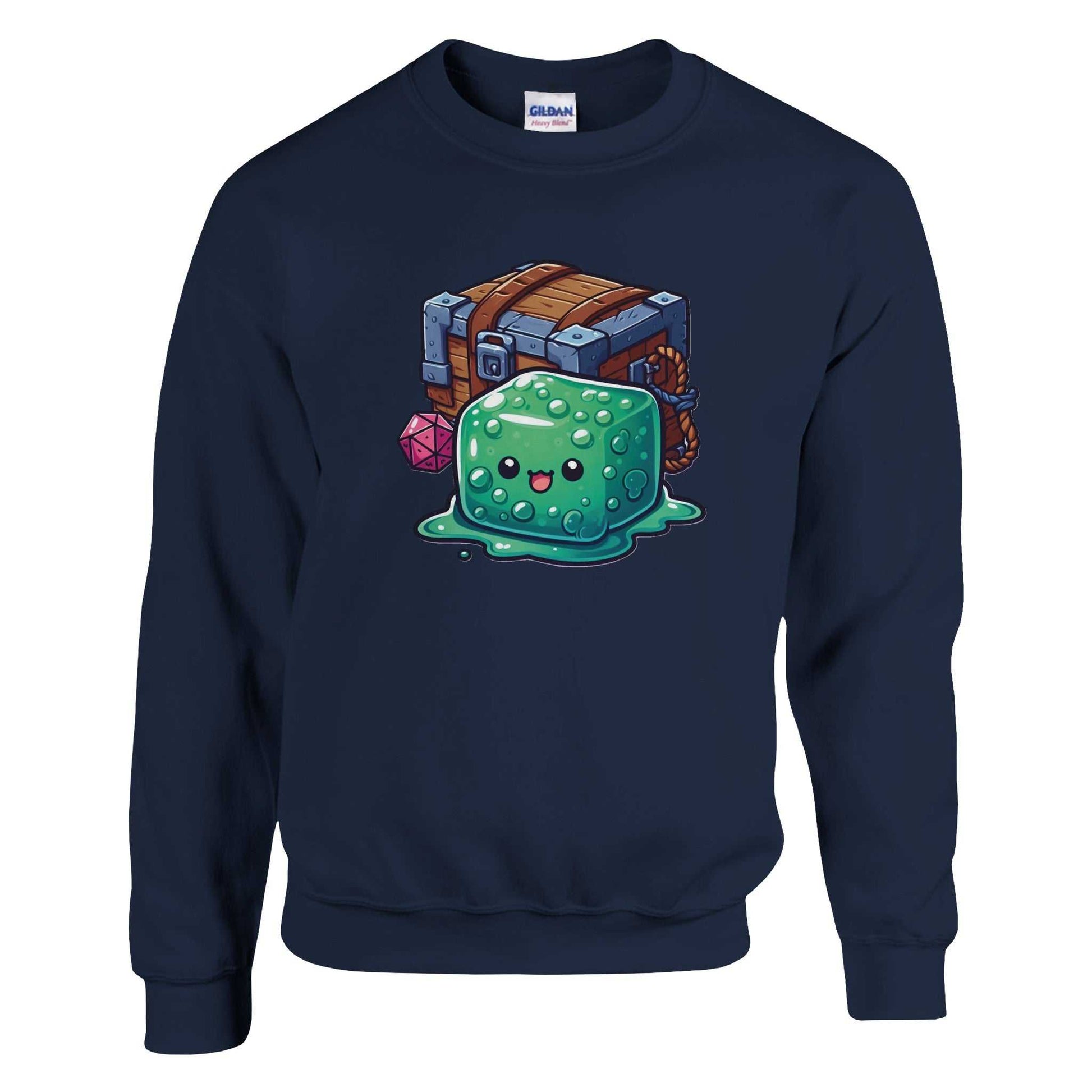 Gelatinous Cube and Mimic men's crewneck sweatshirt, fantasy-themed design on navy sweatshirt.