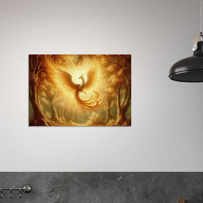 Phoenix Flight Canvas featuring a vibrant phoenix ascending in a textured, elegant artwork on sustainably sourced material.