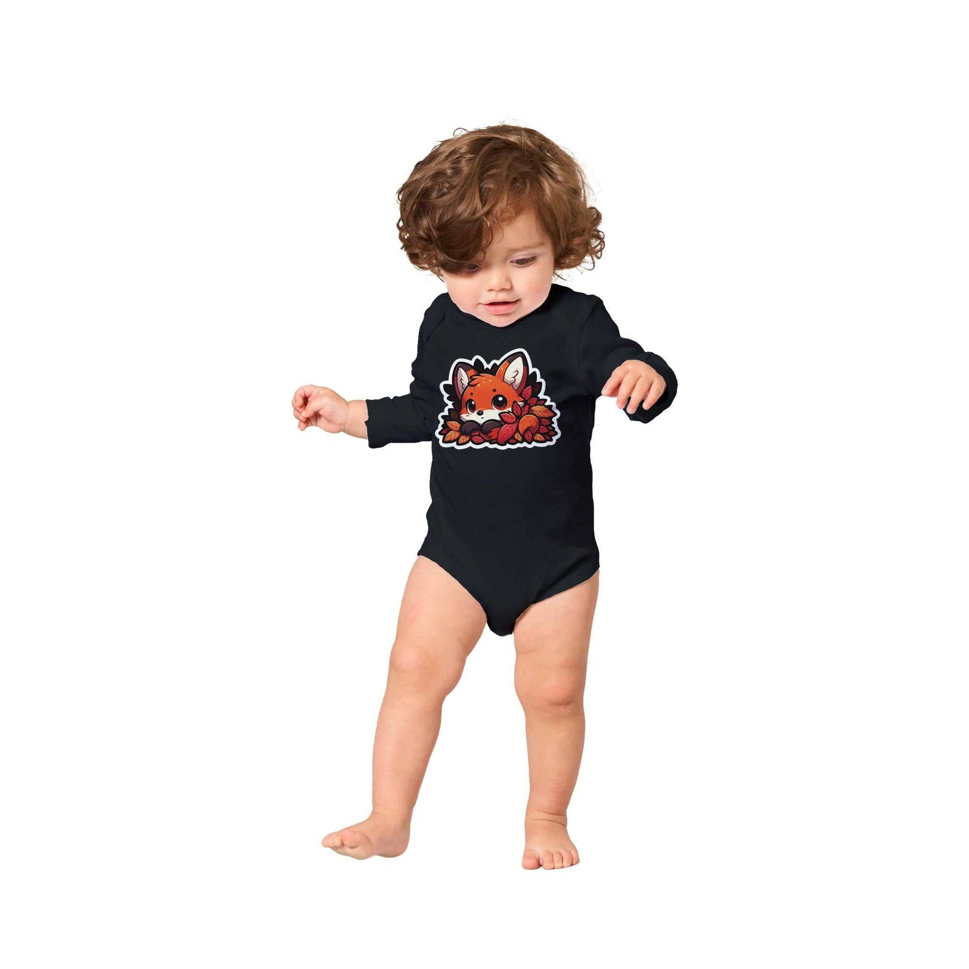 Fox Classic Baby Long Sleeve Bodysuit on toddler, black, warm cotton with fox design.