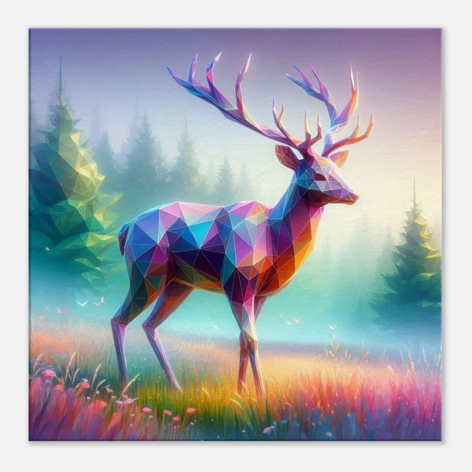 Stag Canvas print with geometric design on a misty forest background, featuring vibrant colors and a textured finish.