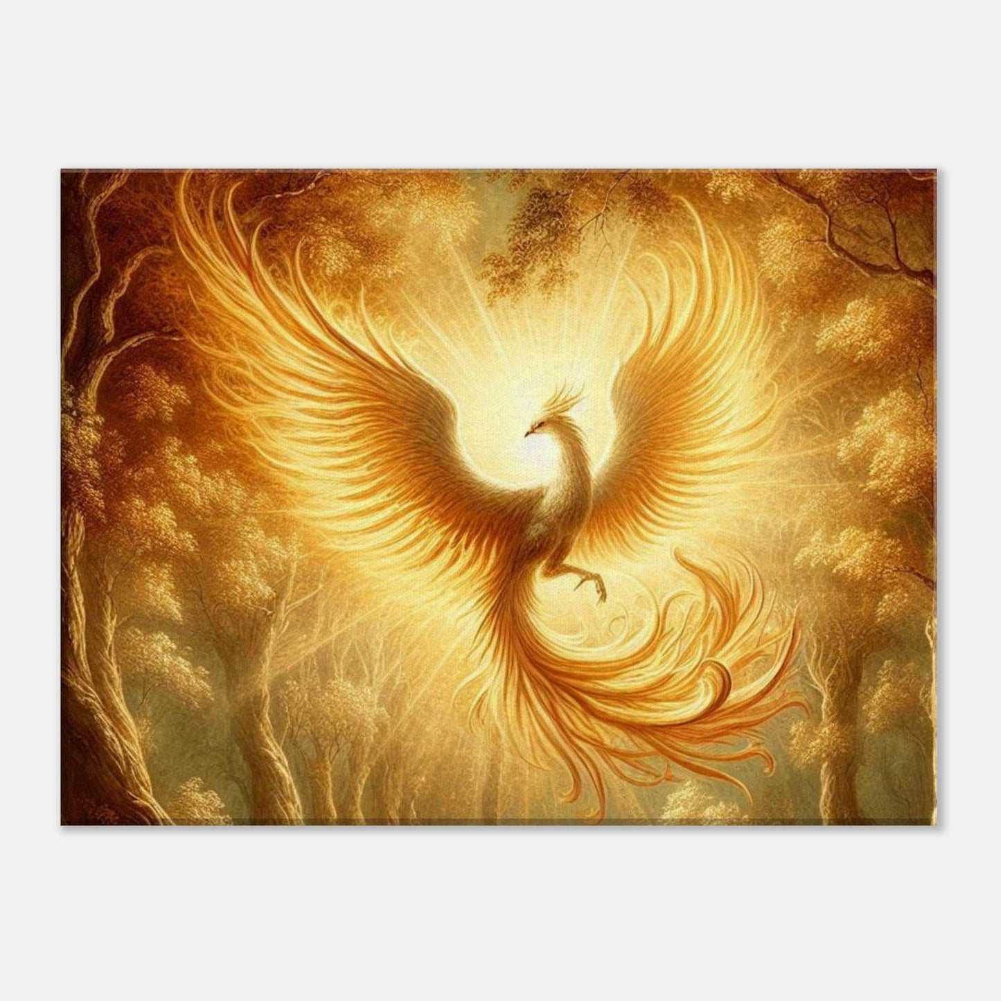 Phoenix Flight Canvas showcasing a vibrant phoenix rising, textured for authenticity, crafted with sustainable materials.