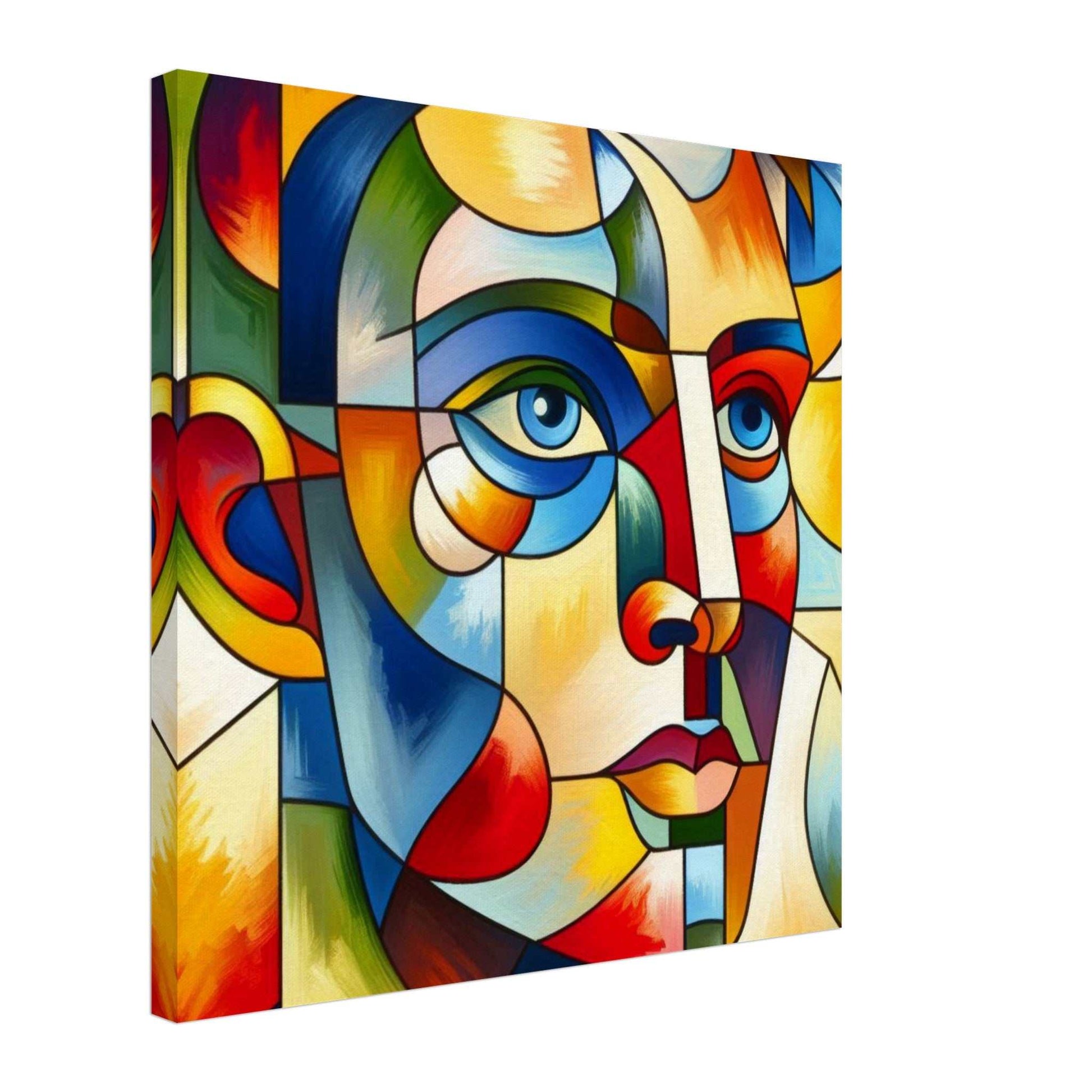 Colorful abstract face canvas print with geometric shapes, vibrant art piece on durable cotton-polyester blend.