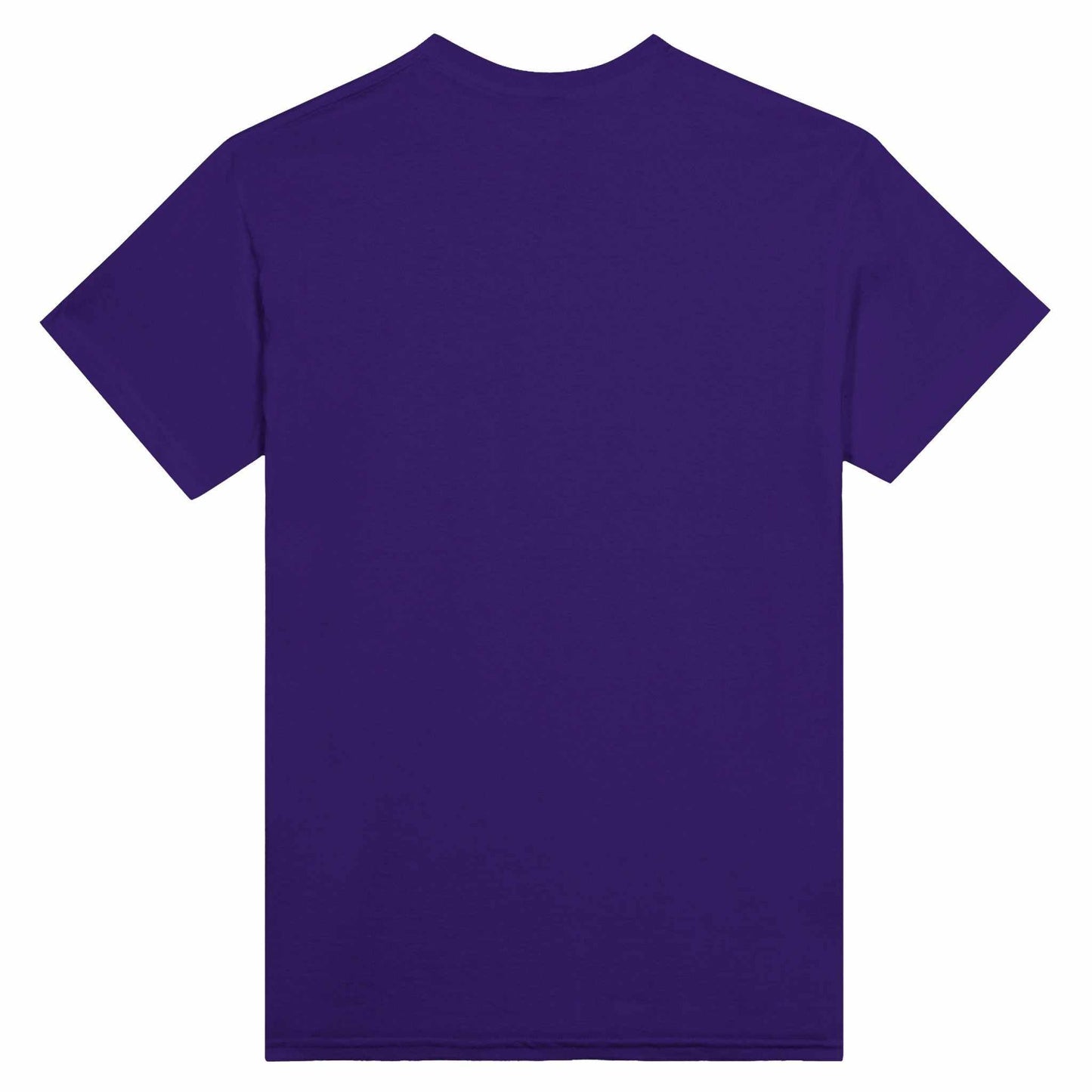 Purple cotton crewneck t-shirt featuring a Schrödinger's cat themed design, classic fit, durable cotton fabric.