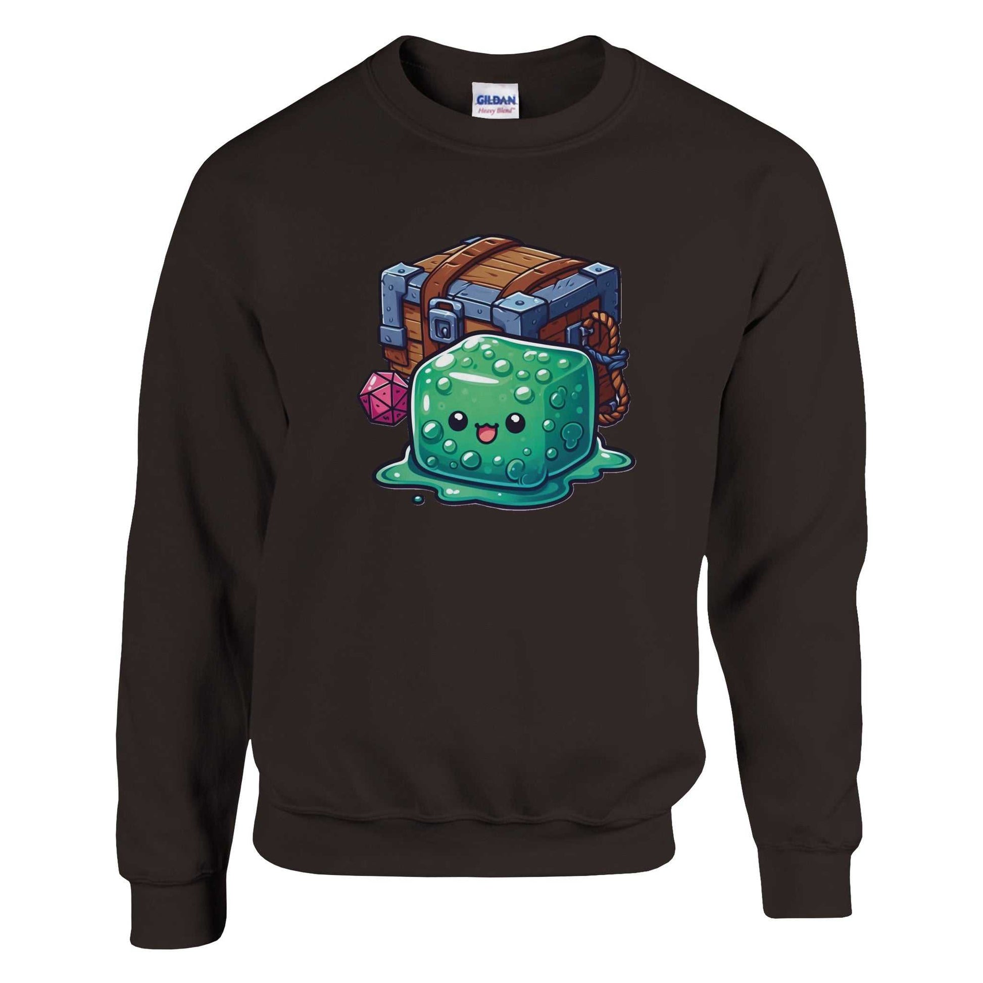 Gelatinous Cube and Mimic design on men's crewneck sweatshirt, cotton-polyester blend, classic fit.