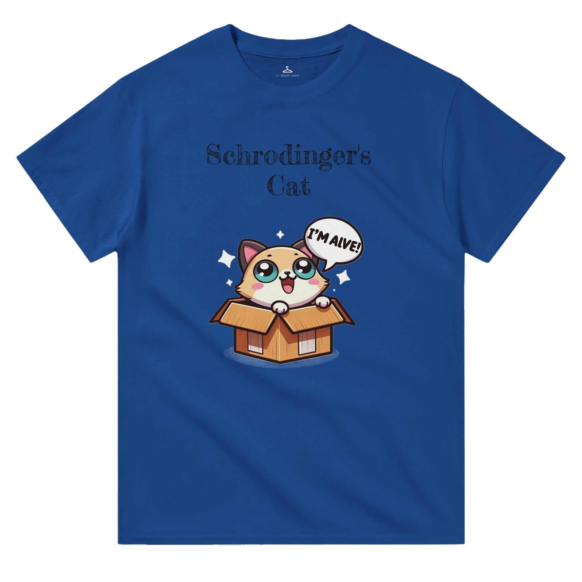 Schrodinger's Cat Crewneck T-shirt featuring humorous cat design on blue cotton fabric for casual wear.