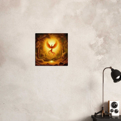 Phoenix Birth Canvas on wall with warm, glowing artwork; textured canvas for timeless appeal.