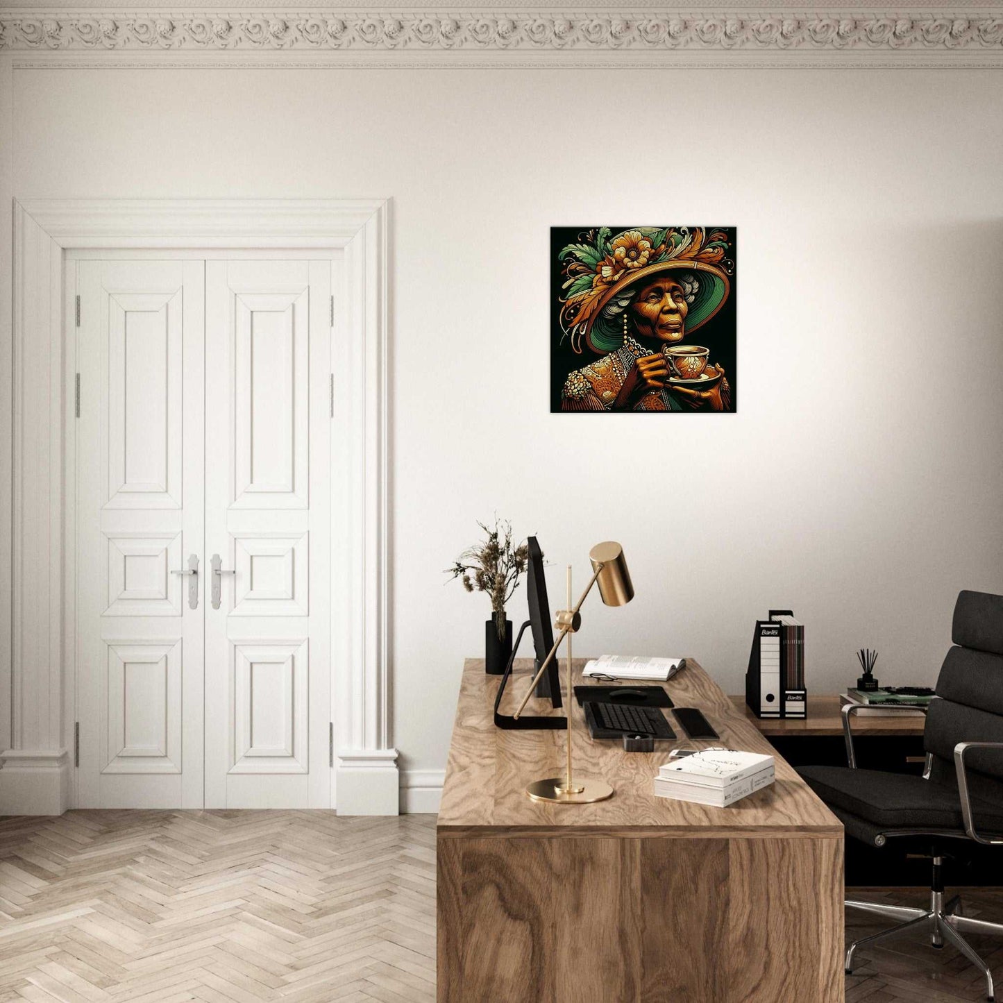 Tea time Canvas print in modern office setting, featuring textured artwork with FSC-certified cotton-polyester blend.