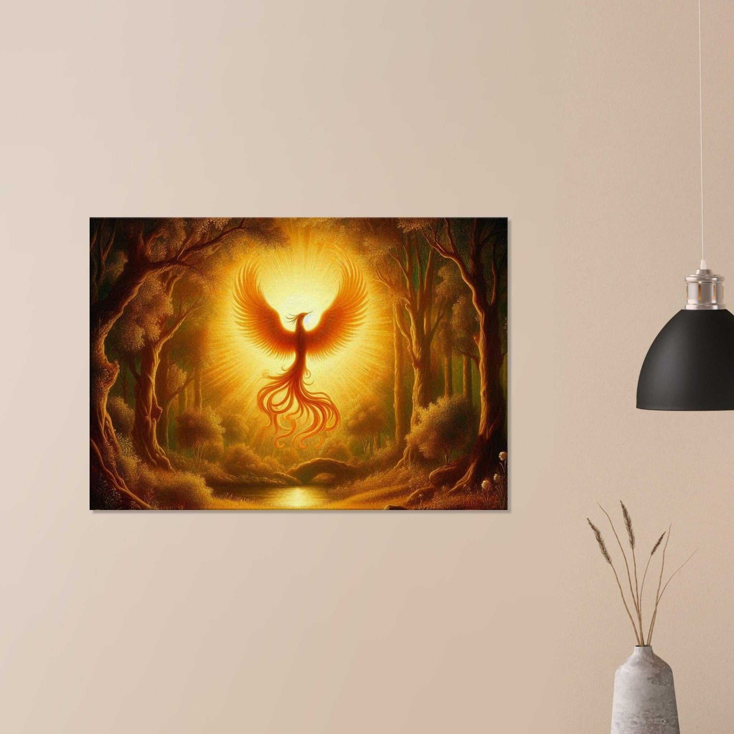 Phoenix Birth Canvas artwork displayed on a textured wall.