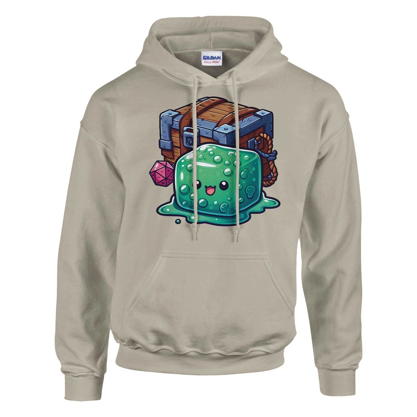 Gelatinous Cube and Mimic design on men's pullover hoodie, cotton-polyester blend, featuring a double-lined hood and front pouch pocket.