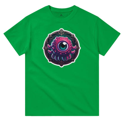 Beholder Men's Crewneck T-shirt in green with eye design print, heavyweight cotton, classic fit, durable staple for casual wear.