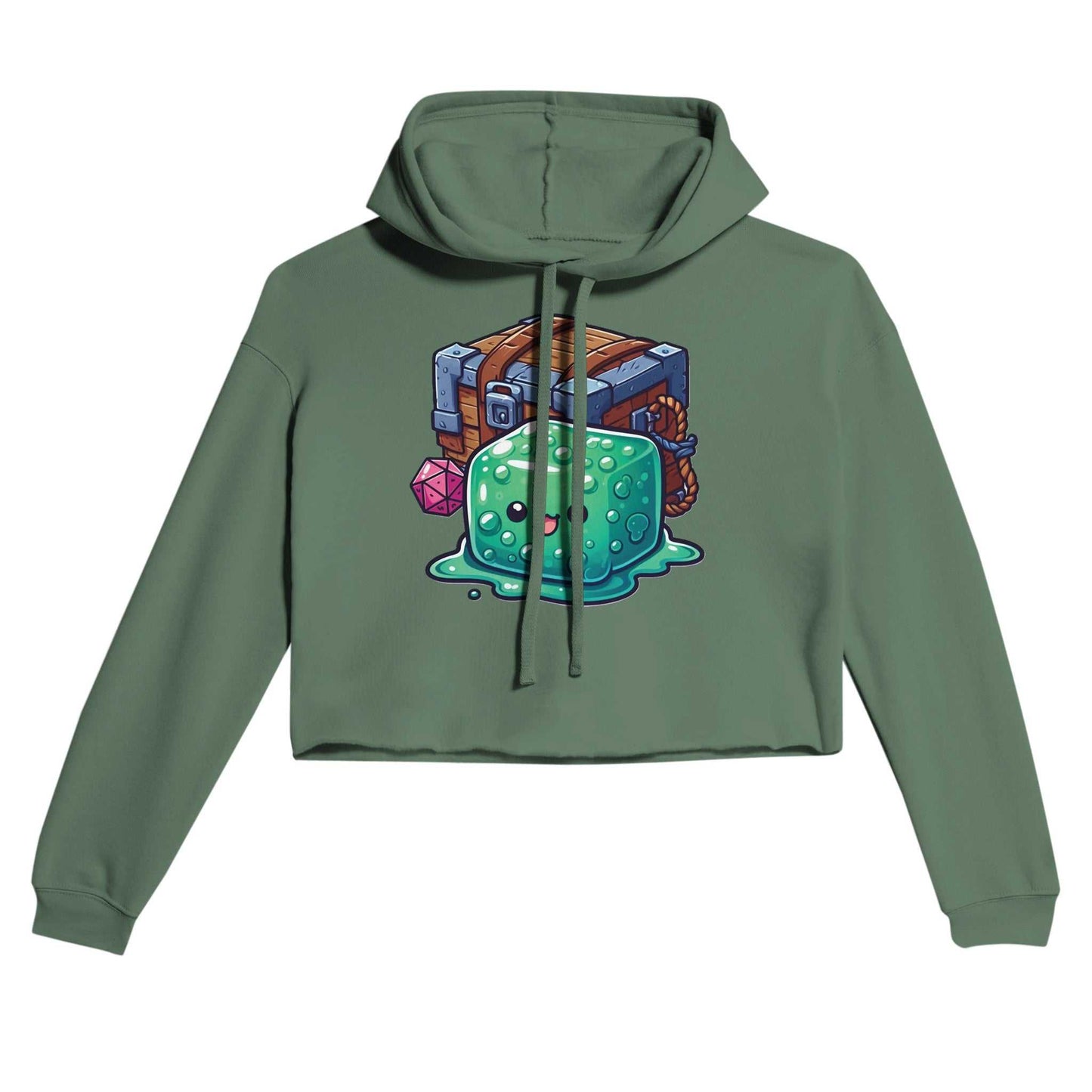 Gelatinous Cube and Mimic cropped hoodie in green with raw hem and drawstrings.