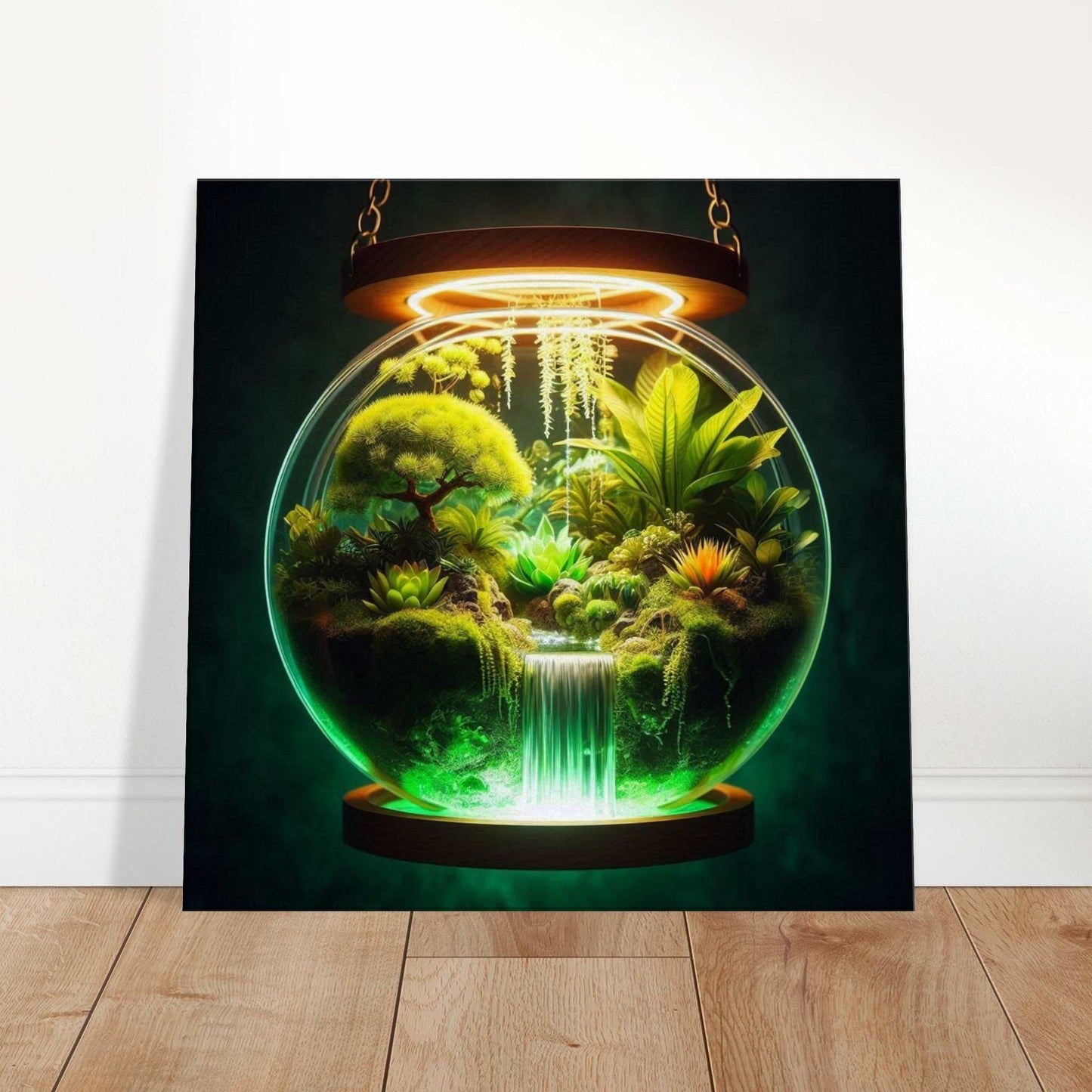 Canvas print depicting a lush, illuminated terrarium with diverse greenery and water elements, titled "Save The Wild."