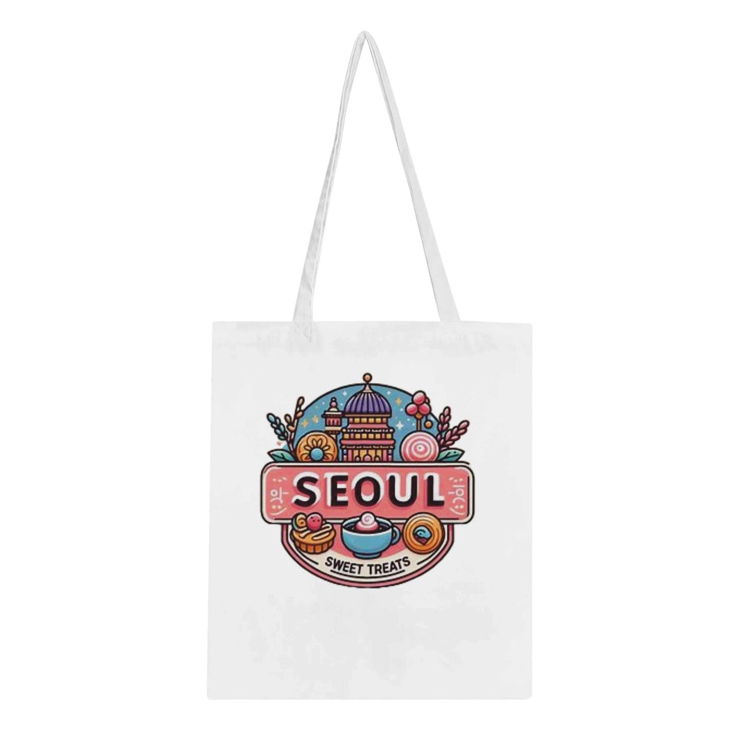 Seoul's Sweet Treats Bakery eco-friendly cotton tote bag with reinforced handles.