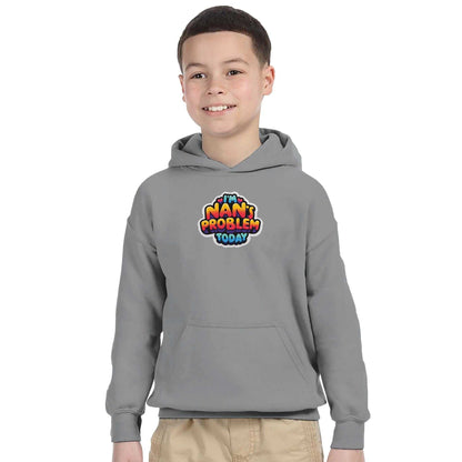 Child wearing a gray "I'm Nan's Problem Today" kids pullover hoodie with front pouch pocket and double-lined hood.