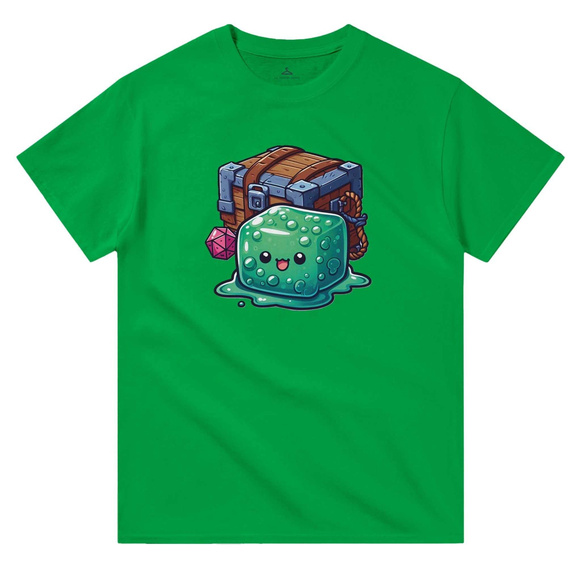 Green women's crewneck t-shirt featuring a Gelatinous Cube and Mimic design, made from 100% cotton for casual wear.