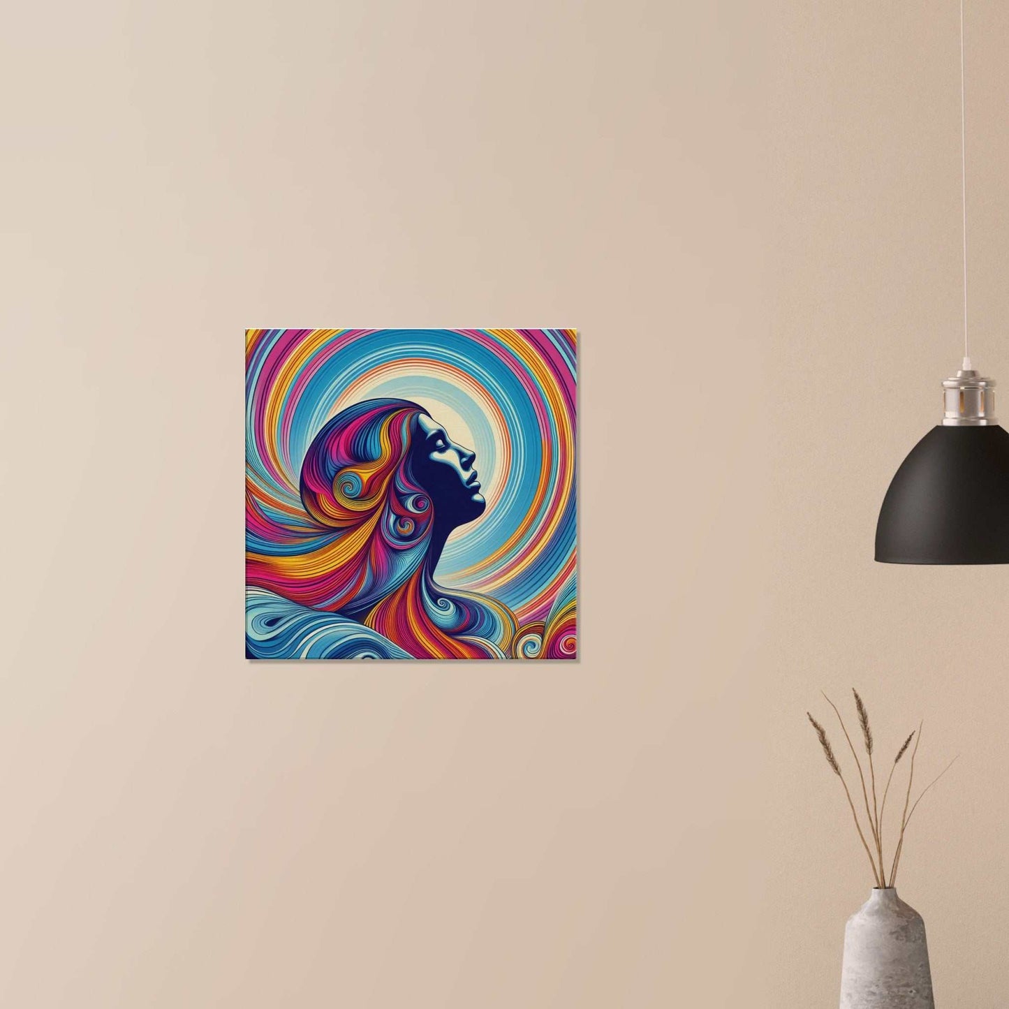 Colorful abstract canvas art featuring a lady feeling the sun.