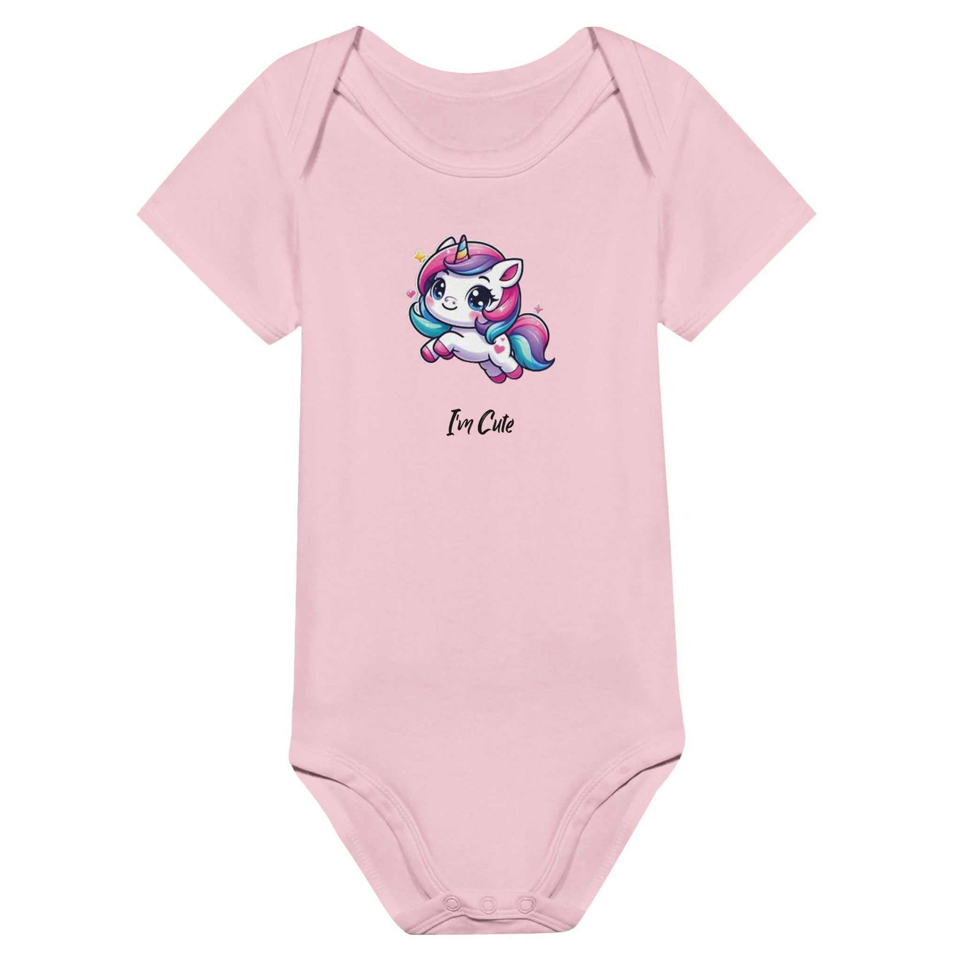 Cute baby printed short sleeve bodysuit in pink with cartoon and "I'm Cute" text.