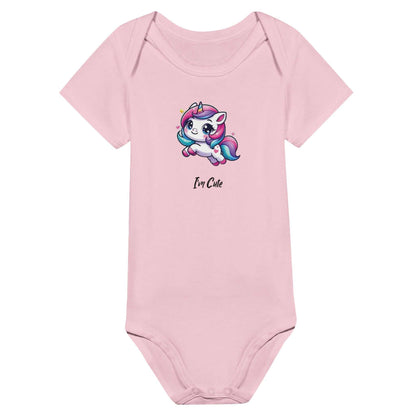 Cute baby printed short sleeve bodysuit in pink with cartoon and "I'm Cute" text.