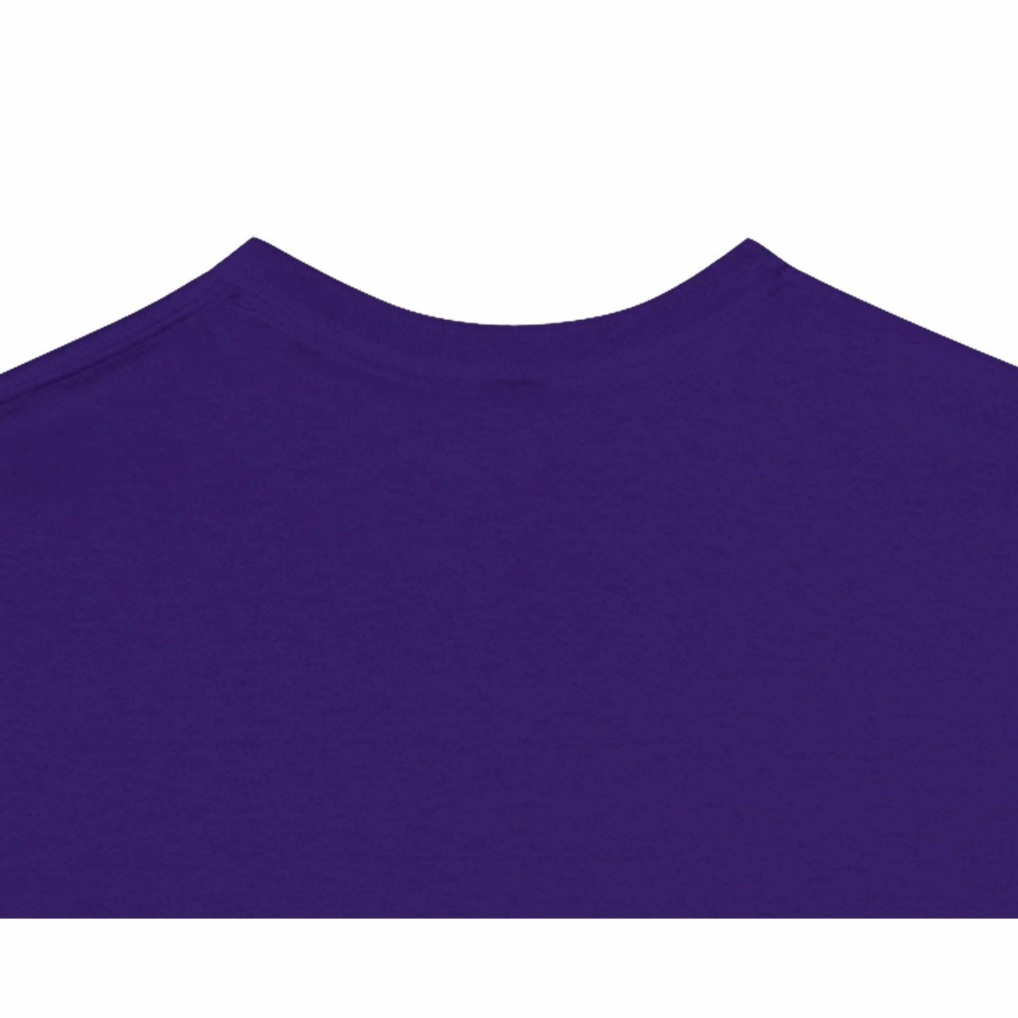 Close-up of the purple crewneck collar on the Schrödinger's Cat cotton t-shirt.