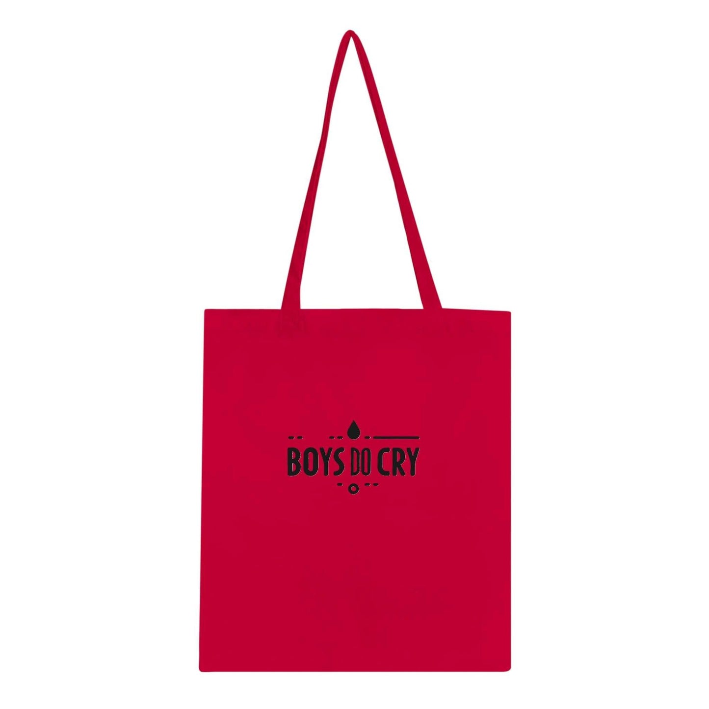 Red cotton tote bag with "Boys Do Cry" design, long handles, reinforced stitching; eco-friendly accessory.