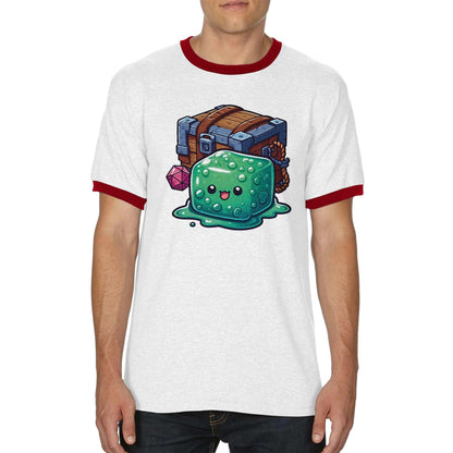 Gelatinous Cube and Mimic design ringer t-shirt with contrast neck and sleeves.