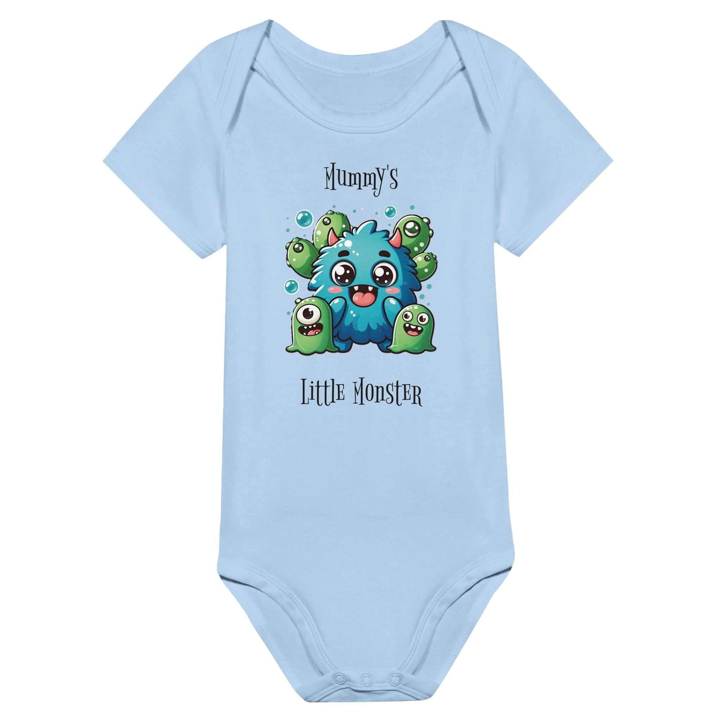 Blue Mummy's Little Monster baby bodysuit with cartoon design and short sleeves.