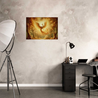 Phoenix print canvas featuring a rising phoenix on a textured wall, enhancing room decor with elegance.