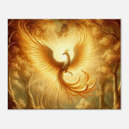 Phoenix Flight Canvas depicting a majestic phoenix rising against a fiery background, printed on textured canvas for an elegant touch.