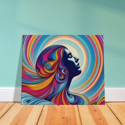 Canvas print featuring a colorful silhouette of a woman's face with swirling hair, titled "Lady Feeling the Sun."