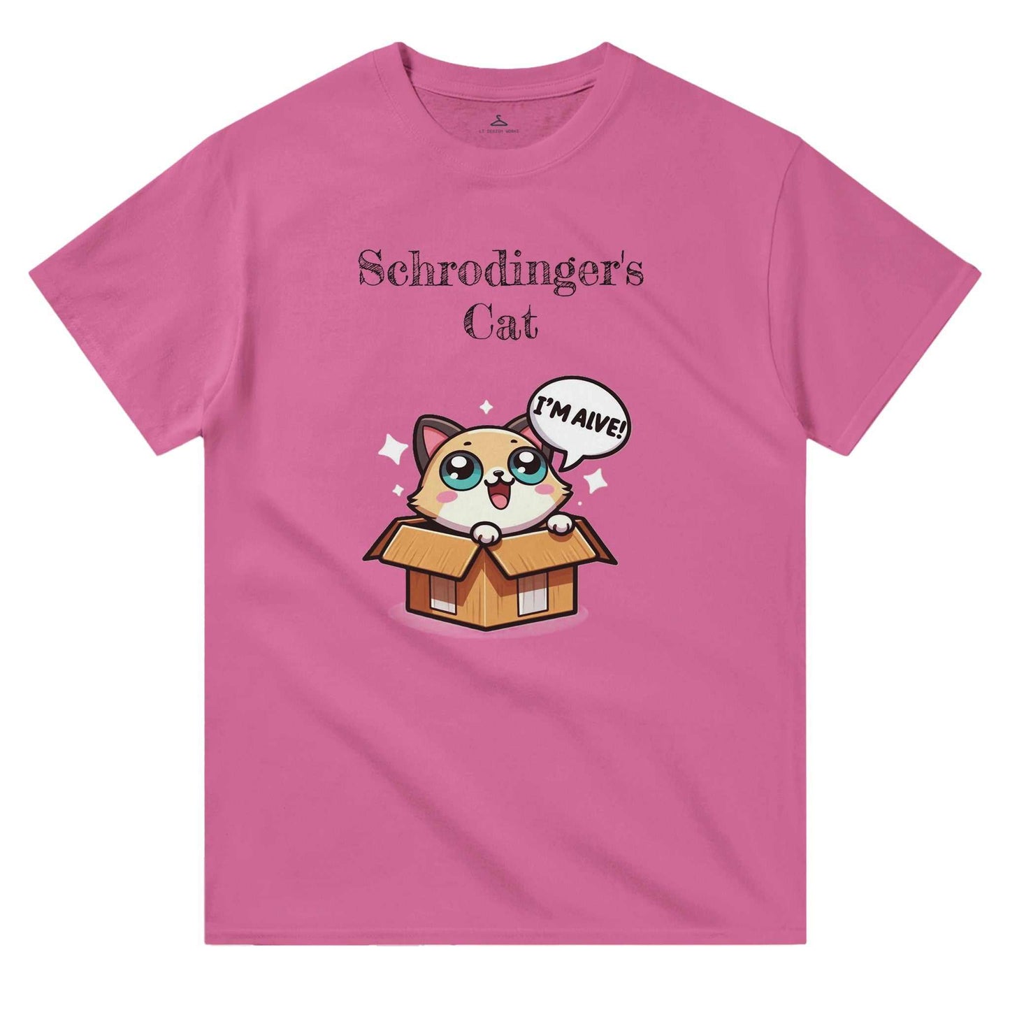 Schrodinger's Cat pink crewneck t-shirt featuring humorous cat design in a box.