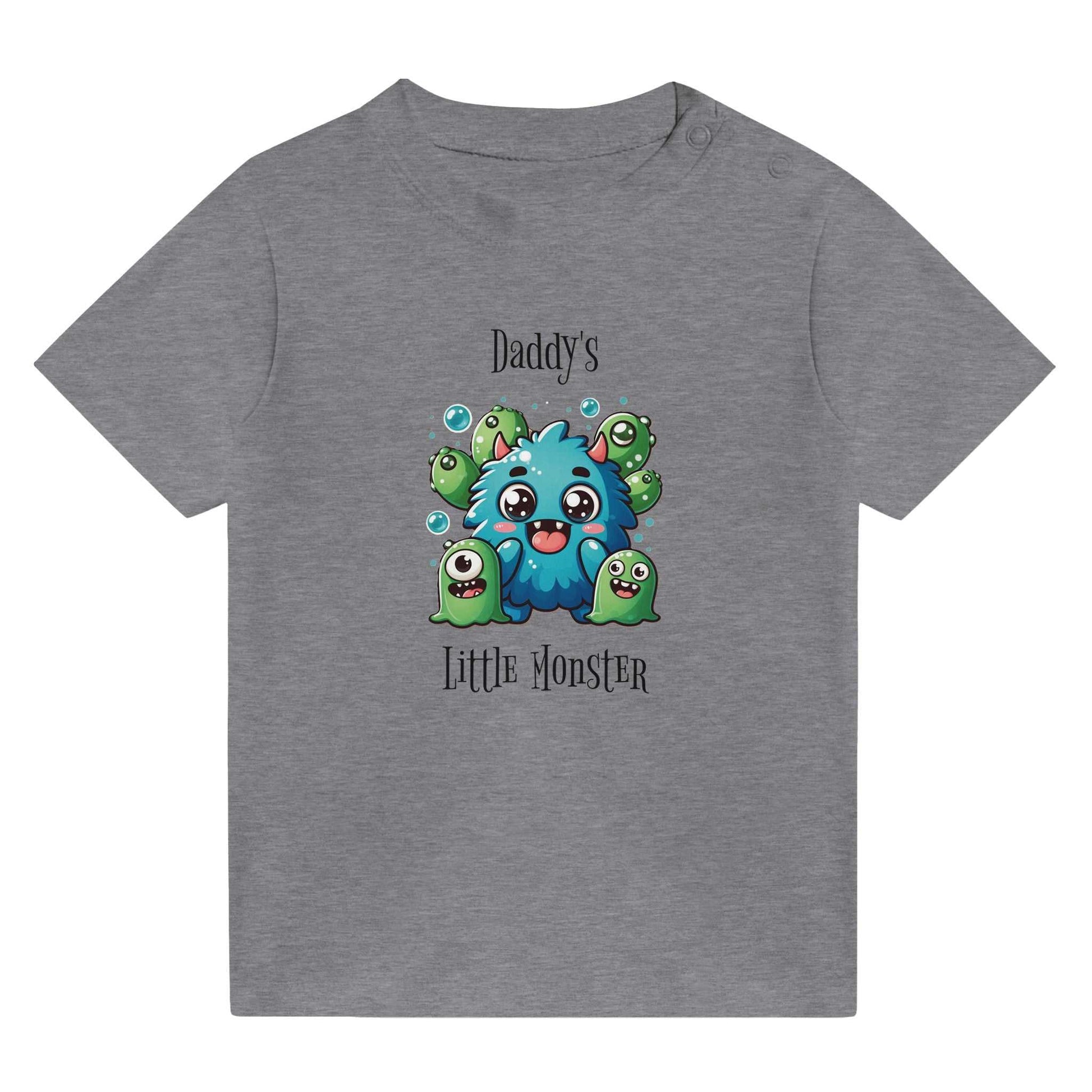 Daddy's Little Monster Classic Baby Crewneck T-shirt with cute monster design, 100% cotton, gray color.