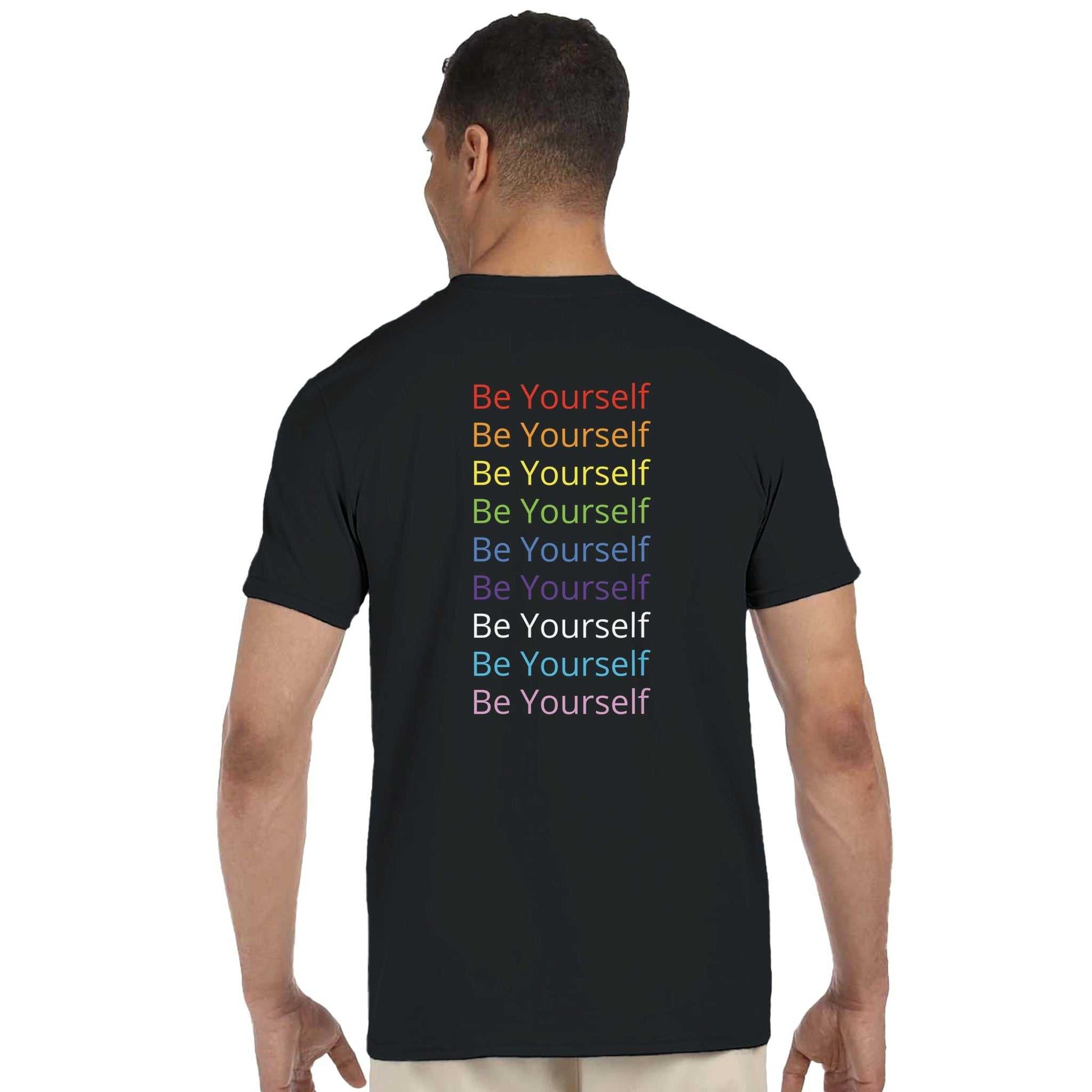 Back view of a black crewneck t-shirt with "Be Yourself" printed in colorful text.