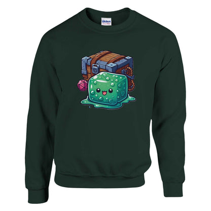 Gelatinous Cube and Mimic design on women's crewneck sweatshirt, made of 50% cotton and 50% polyester.