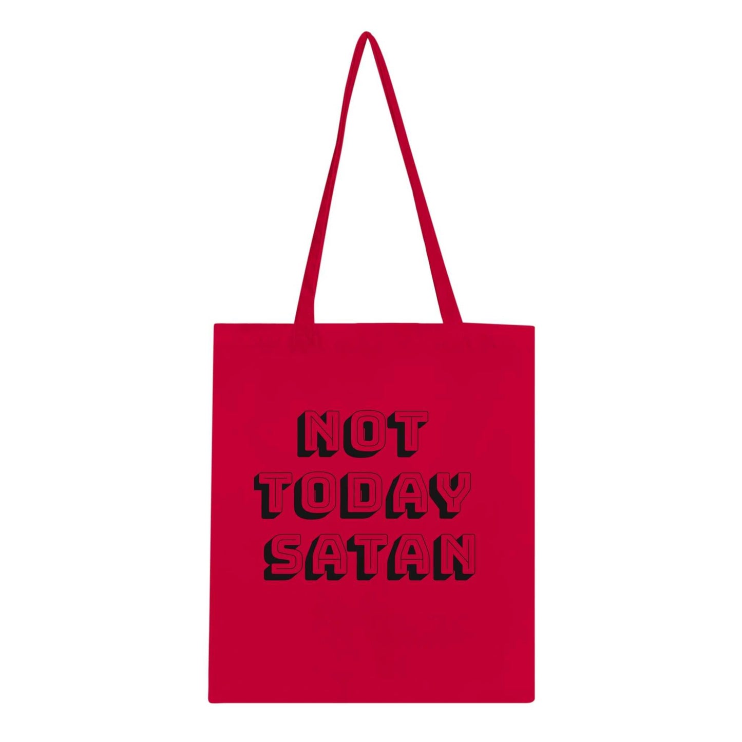 Red "Not Today Satan" classic tote bag with long handles and reinforced stitching on 100% cotton fabric.