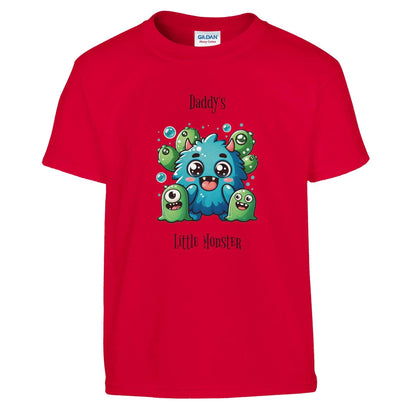 Monster Kids Crewneck T-shirt with colorful cartoon design on red background.