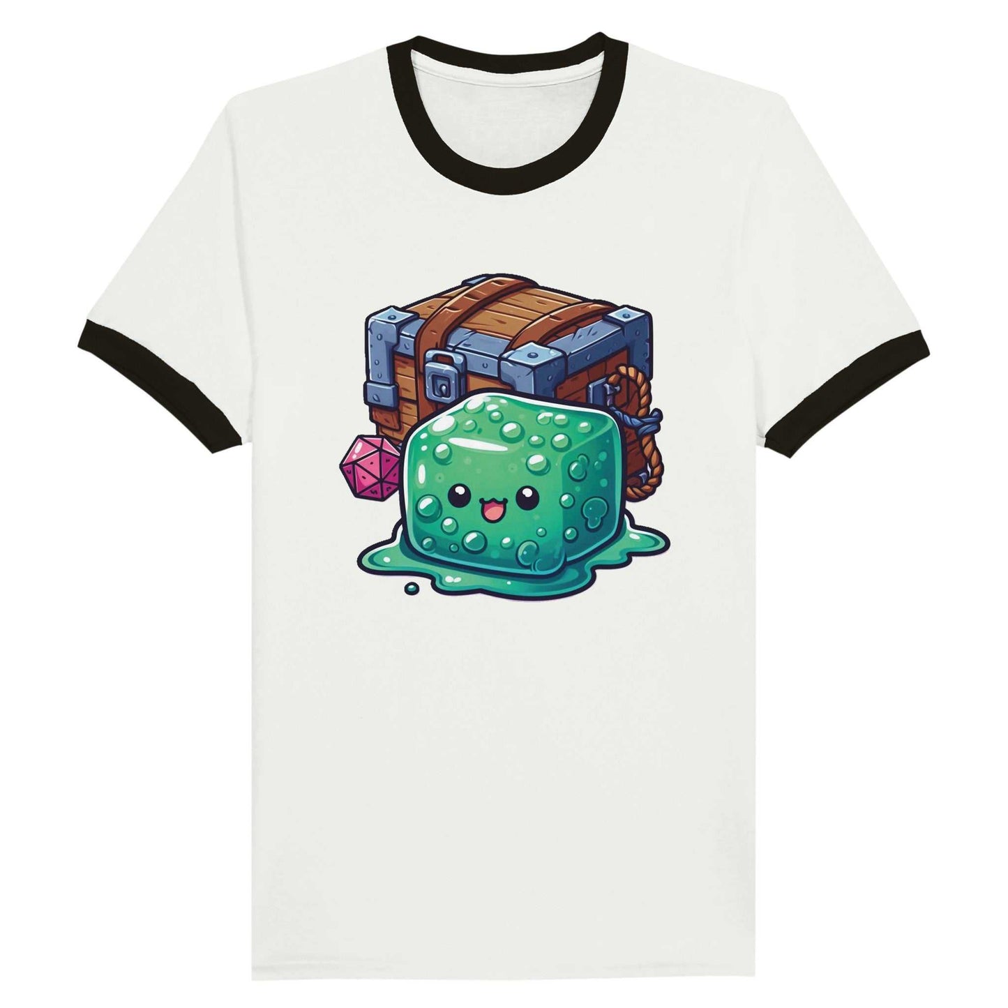 Gelatinous Cube and Mimic Ringer T-shirt with contrasting neck and sleeve design.