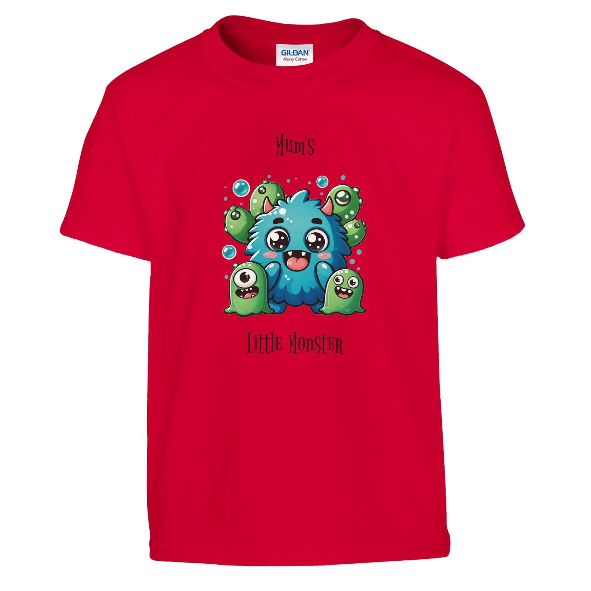 Red kids crewneck T-shirt with playful monster design, "Mum's Little Monster" text.