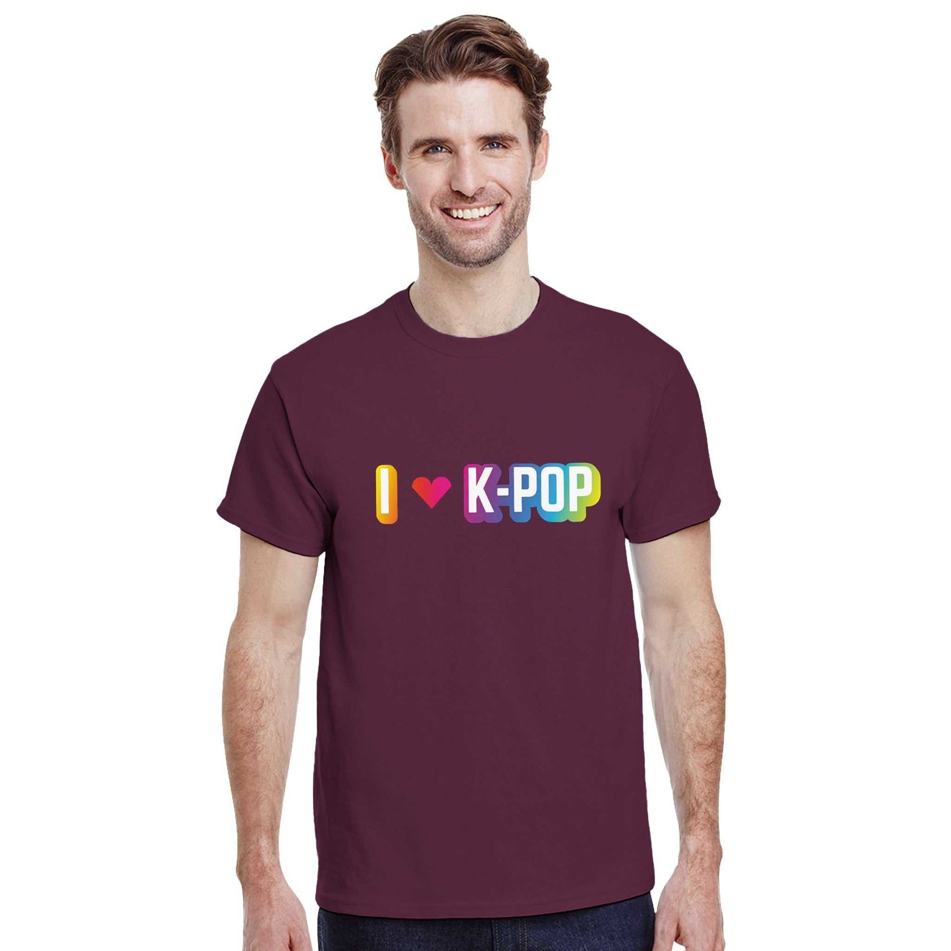 I Love Kpop Crewneck T-shirt with colorful lettering, made from 100% cotton for casual wear.