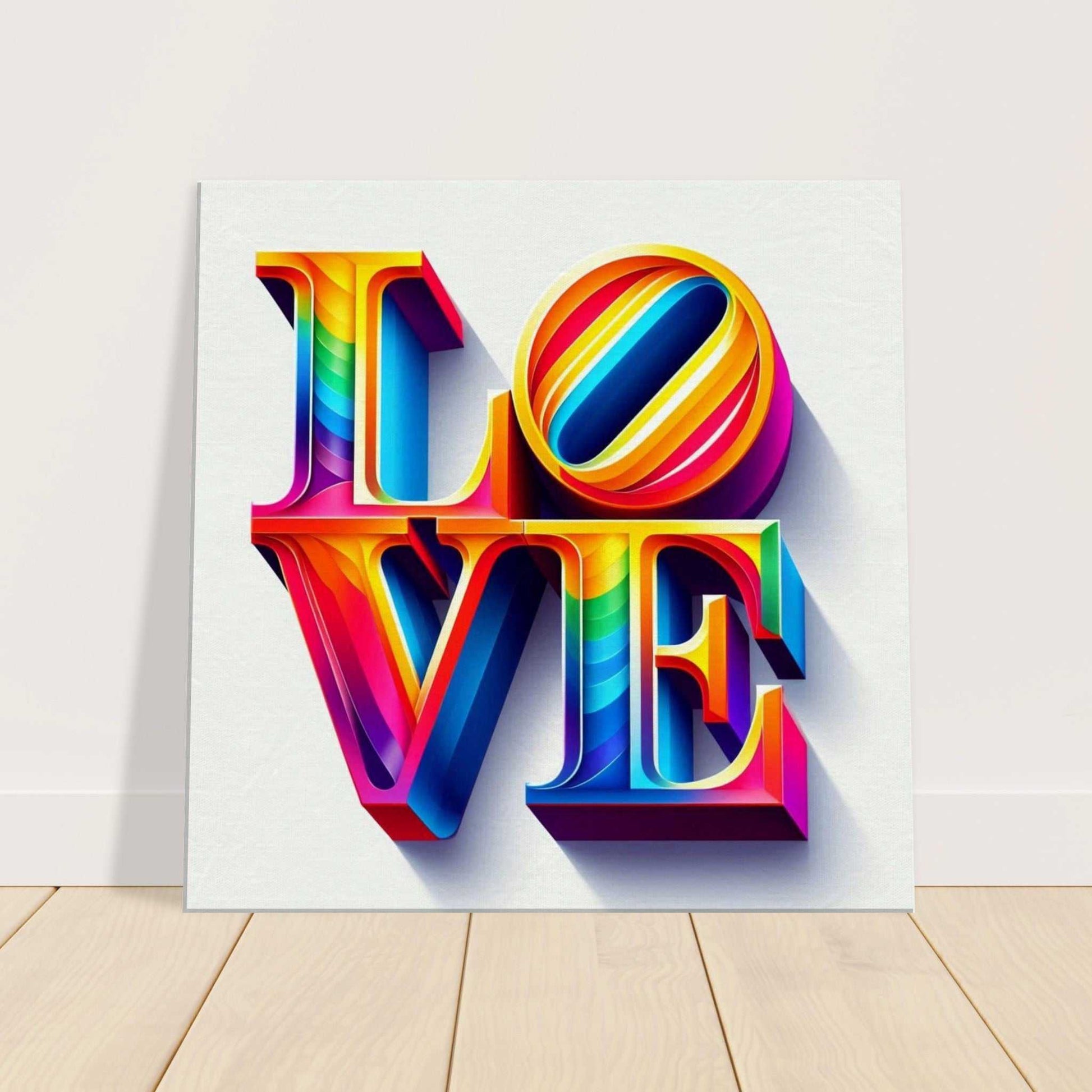 Colorful "Love" canvas print with enhanced texture, featuring FSC-certified wood stretcher bars, slim design, and a hanging kit for easy installation.