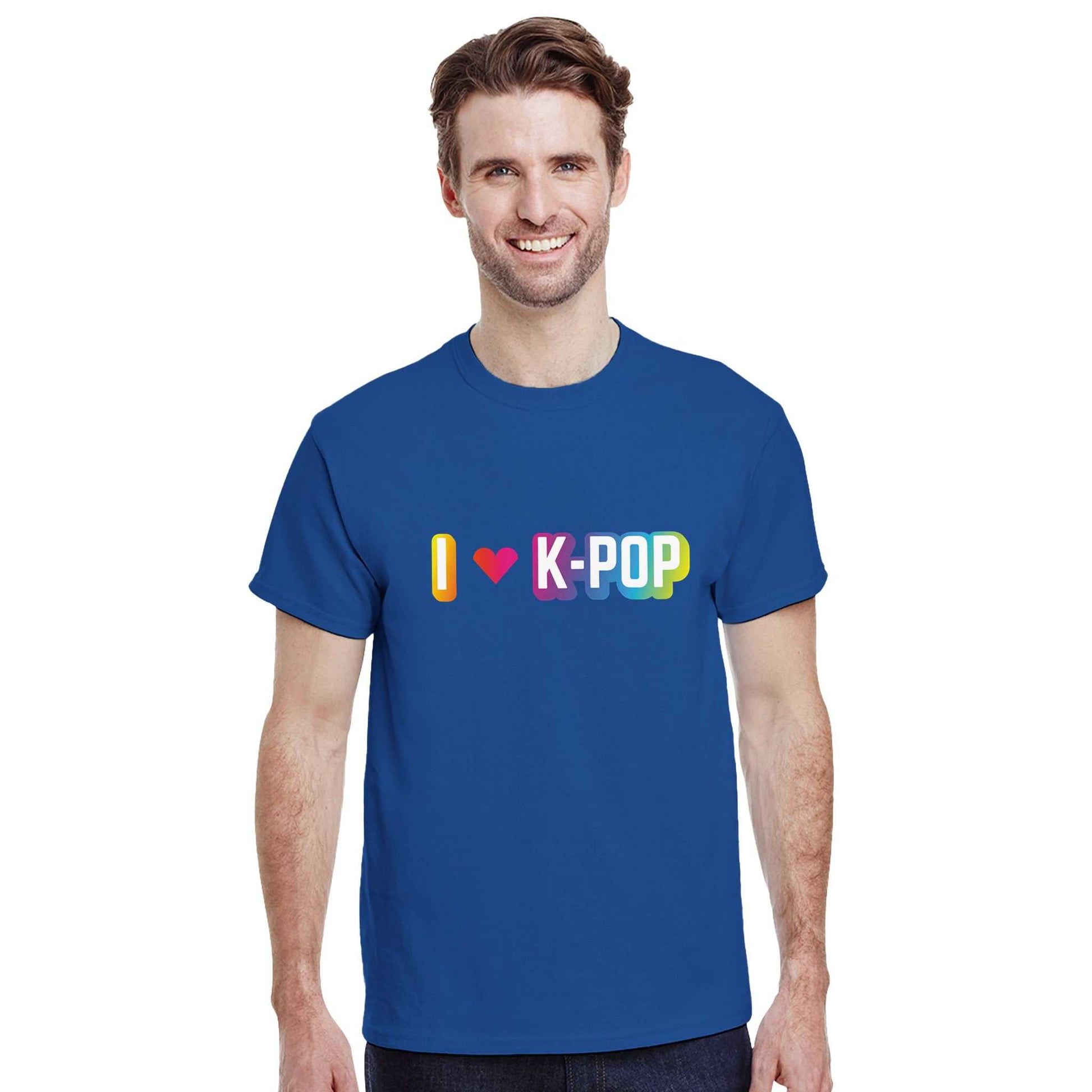 I Love Kpop Crewneck T-shirt in blue, heavyweight cotton, classic fit, casual wear.