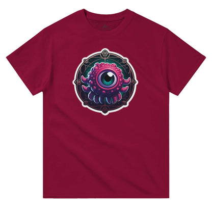 Beholder Women's Crewneck T-shirt in red with eye design, classic fit, heavyweight cotton.