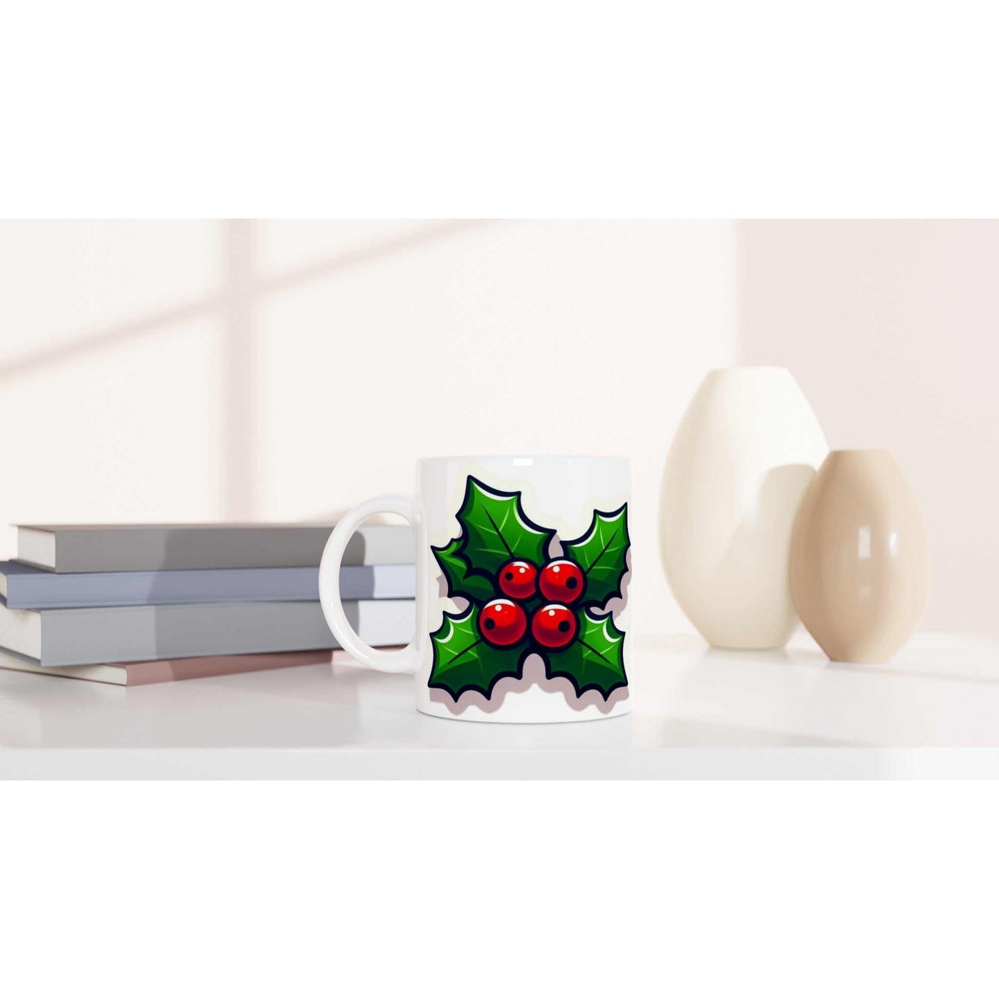 holly 11oz ceramic mug with glossy white finish and vibrant print design