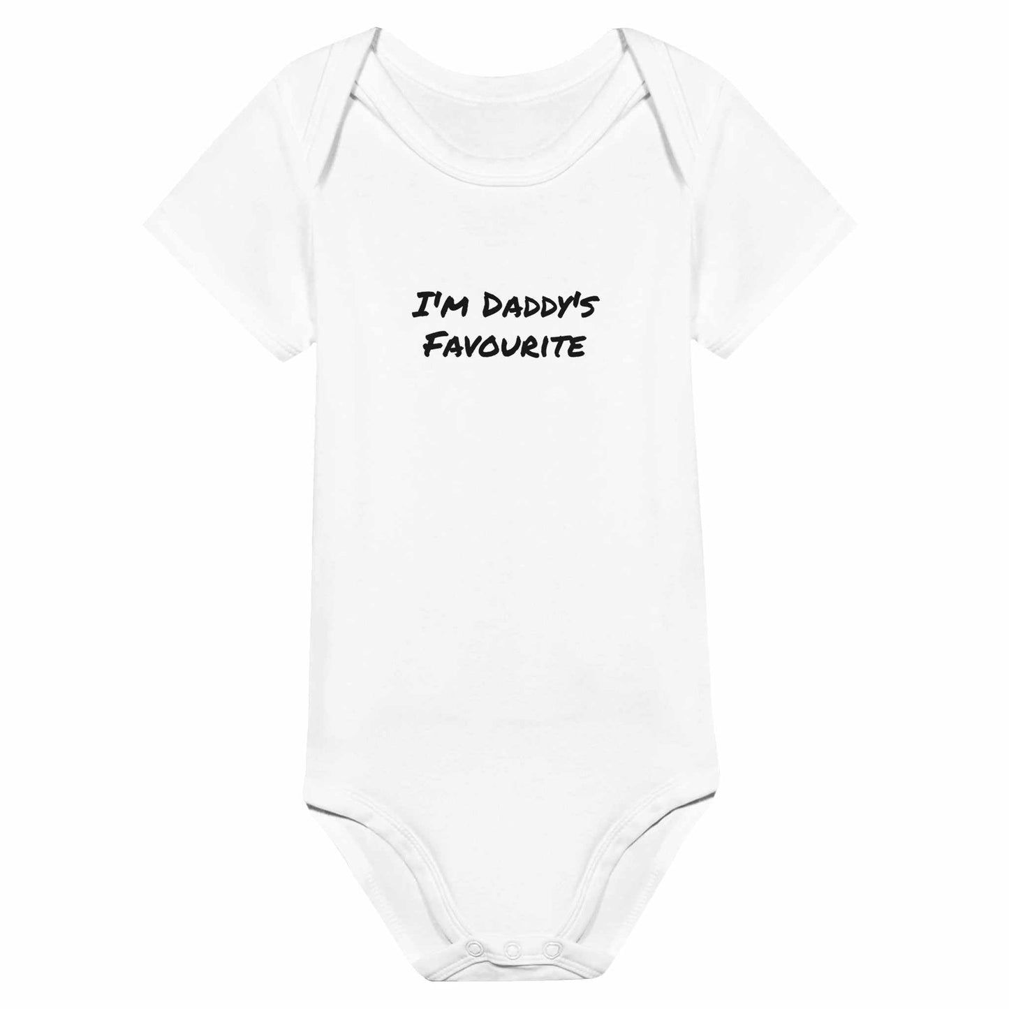 I'm Daddy's Favourite Classic Baby Short Sleeve Bodysuit, white, 100% cotton.