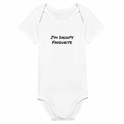 I'm Daddy's Favourite Classic Baby Short Sleeve Bodysuit, white, 100% cotton.